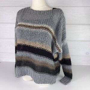 Open Knit Stripe Sweater S Boxy Oversized Boho Chic Bohemian Neutral Earthy Fall